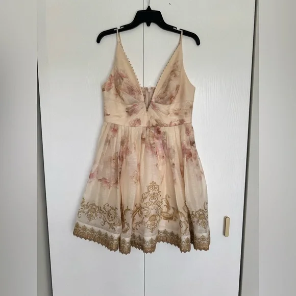 Zimmermann Hypnotic Plunge Neck Linen Silk Minidress In Cream Peony AU 3 US 10 - Picture 6 of 16